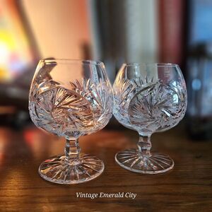 Vtg American Cut Crystal Barbara Pinwheel Snifter Brandy Glasses Set Of 2 Clear